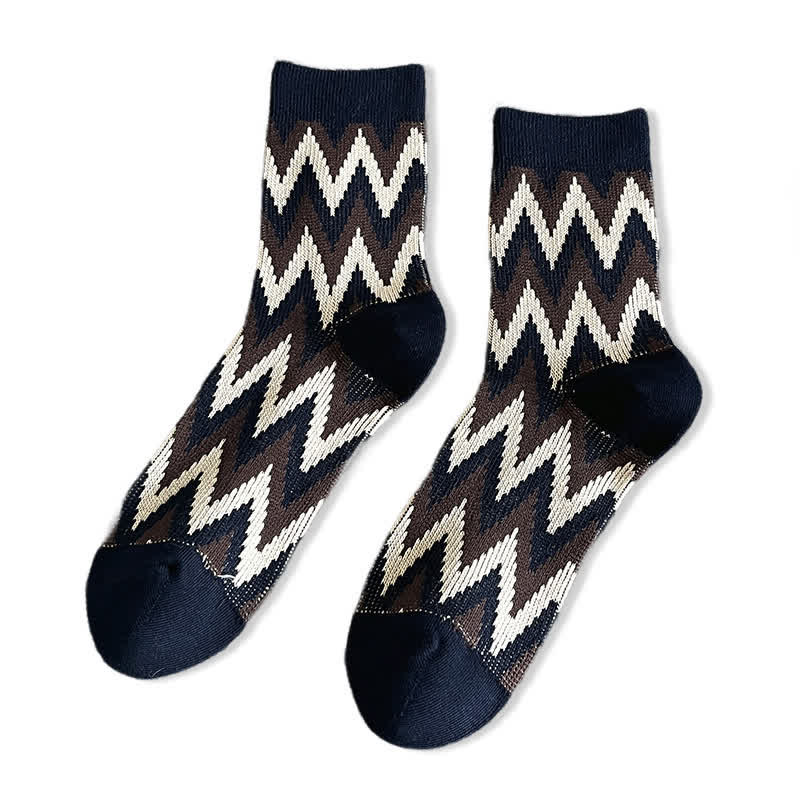 Funky Retro Zigzag Pattern Cotton Crew Socks - Navy - 6 Pairs - One Size (US 6.5 - US 10) - image 15