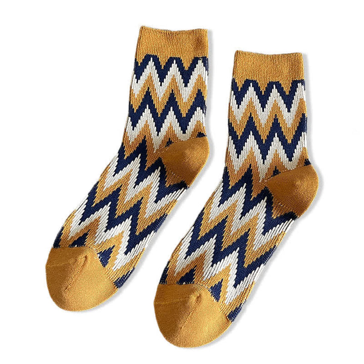 Funky Retro Zigzag Pattern Cotton Crew Socks - Yellow - 6 Pairs - One Size (US 6.5 - US 10) - image 10