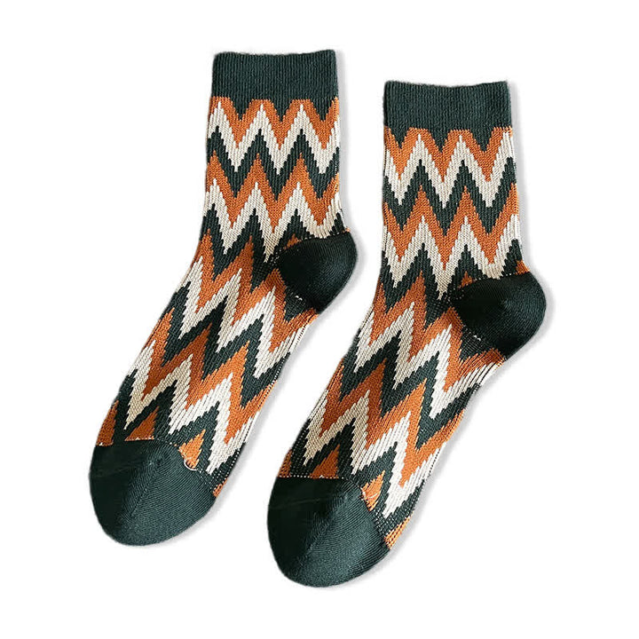 Funky Retro Zigzag Pattern Cotton Crew Socks - Dark Green - 6 Pairs - One Size (US 6.5 - US 10) - image 14