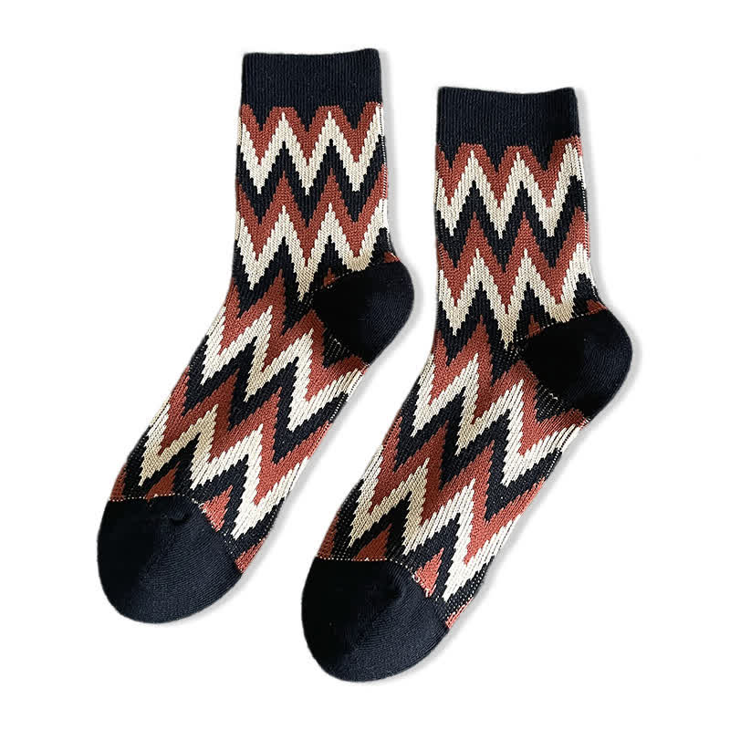 Funky Retro Zigzag Pattern Cotton Crew Socks - Black - 6 Pairs - One Size (US 6.5 - US 10) - image 1