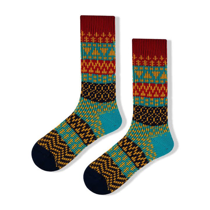 Colorful Ethnic Patterns Striped Cotton Crew Socks - Black & Blue - 6 Pairs - One Size (US 6 - US 10) - image 18