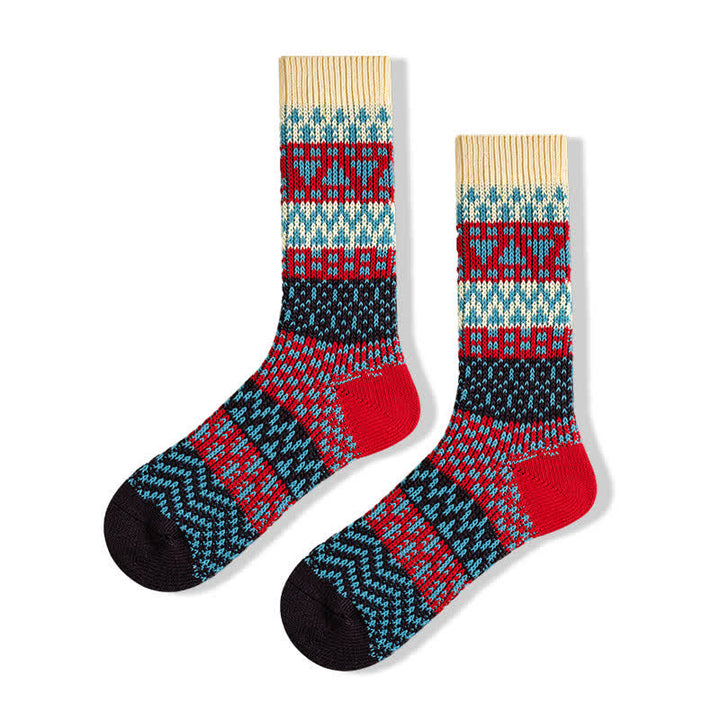 Colorful Ethnic Patterns Striped Cotton Crew Socks - Black & Red - 6 Pairs - One Size (US 6 - US 10) - image 2