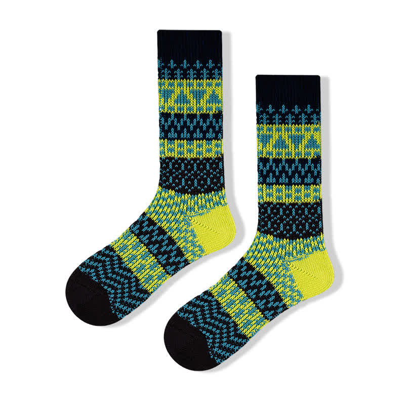 Colorful Ethnic Patterns Striped Cotton Crew Socks - Black & Yellow - 6 Pairs - One Size (US 6 - US 10) - image 9