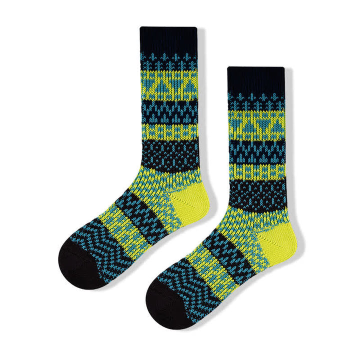 Colorful Ethnic Patterns Striped Cotton Crew Socks - Black & Yellow - 6 Pairs - One Size (US 6 - US 10) - image 9