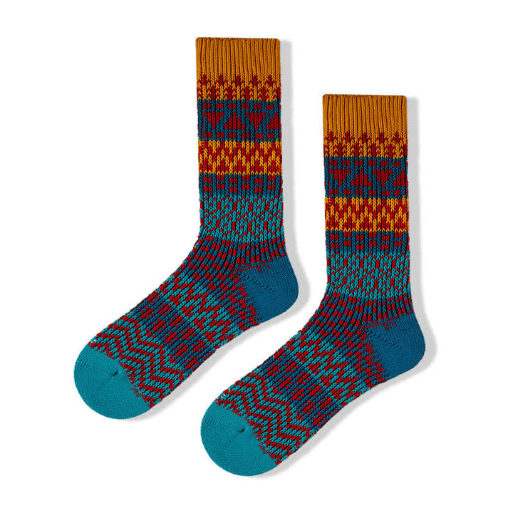 Colorful Ethnic Patterns Striped Cotton Crew Socks - Blue & Navy - 6 Pairs - One Size (US 6 - US 10) - image 15