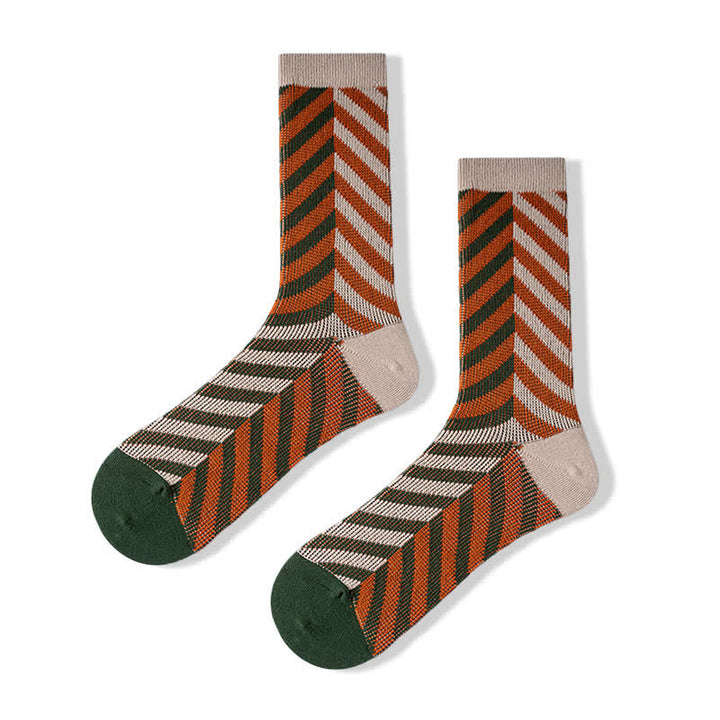 Classic Colorblock Arrow Striped Cotton Crew Socks - Dark Green & Orange - 6 Pairs - One Size (US 6 - US 10) - image 9