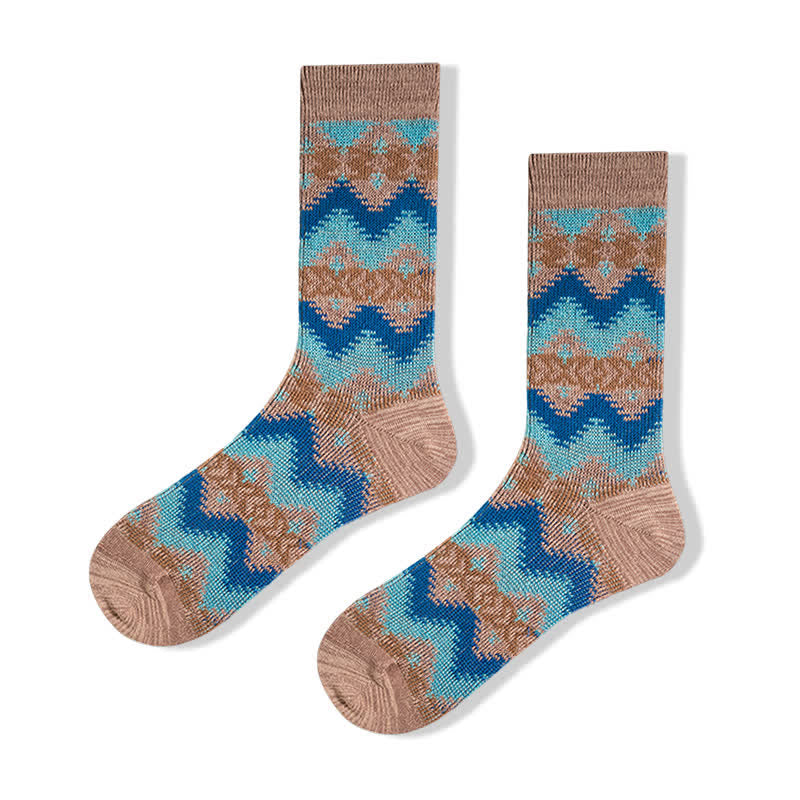 Bright Tribal Wave Pattern Cotton Crew Socks - Coffee - 6 Pairs - One Size (US 6.5 - US 10) - image 11