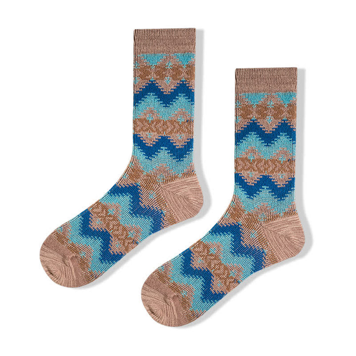 Bright Tribal Wave Pattern Cotton Crew Socks - Coffee - 6 Pairs - One Size (US 6.5 - US 10) - image 11