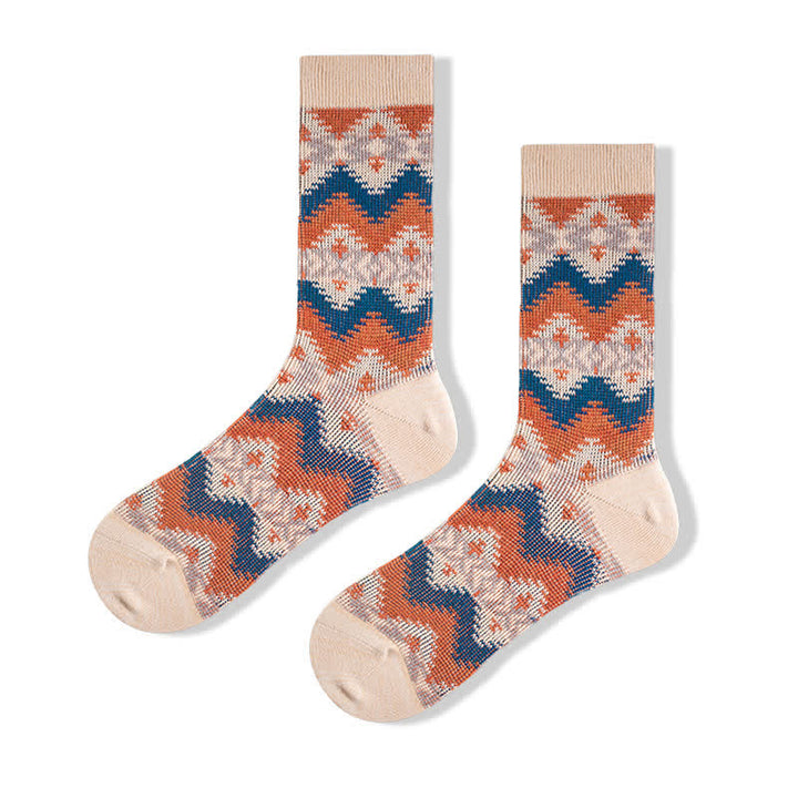 Bright Tribal Wave Pattern Cotton Crew Socks - Ivory - 6 Pairs - One Size (US 6.5 - US 10) - image 2