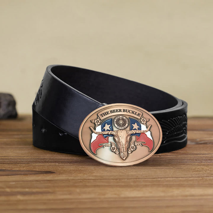 Men's DIY Wild West Bull Creative Beer Holder Buckle Leather Belt - Antique Copper - Black Embossed Eagle Belt - 42 - image 20