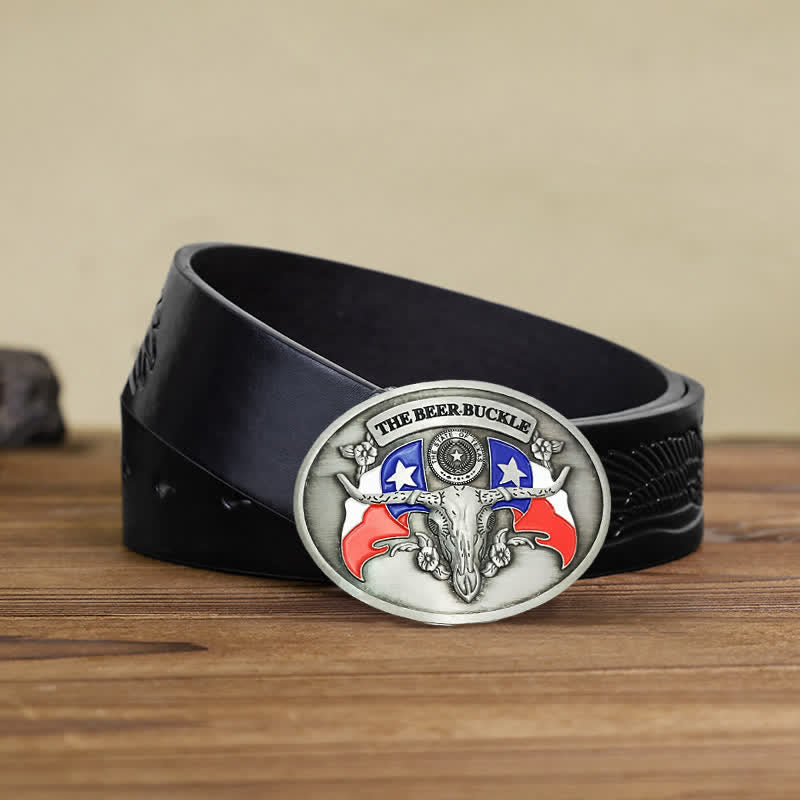 Men's DIY Wild West Bull Creative Beer Holder Buckle Leather Belt - Antique Silver - Black Embossed Eagle Belt - 42 - image 8