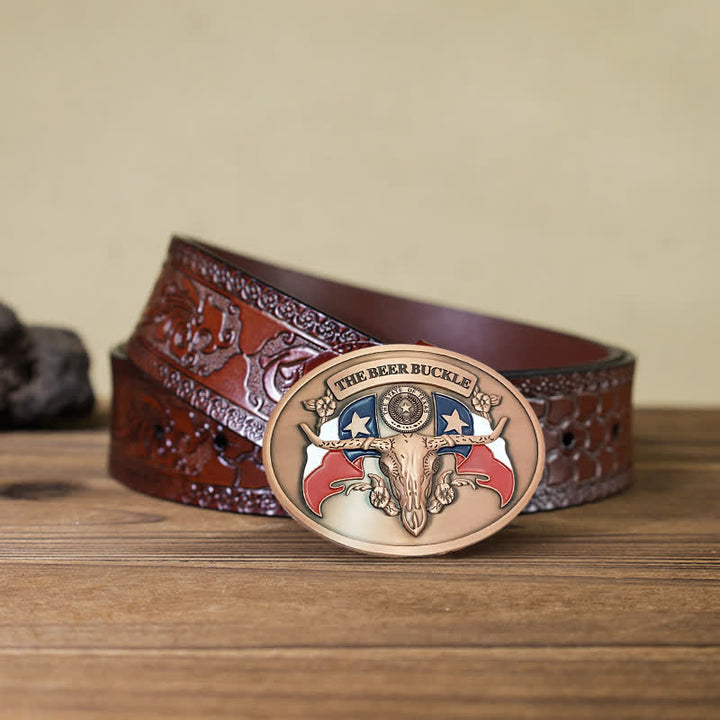 Men's DIY Wild West Bull Creative Beer Holder Buckle Leather Belt - Antique Copper - Brown Carved Belt - 42 - image 24