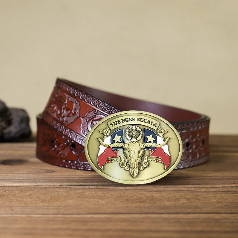 Men's DIY Wild West Bull Creative Beer Holder Buckle Leather Belt - Antique Bronze - Brown Carved Belt - 42 - image 18