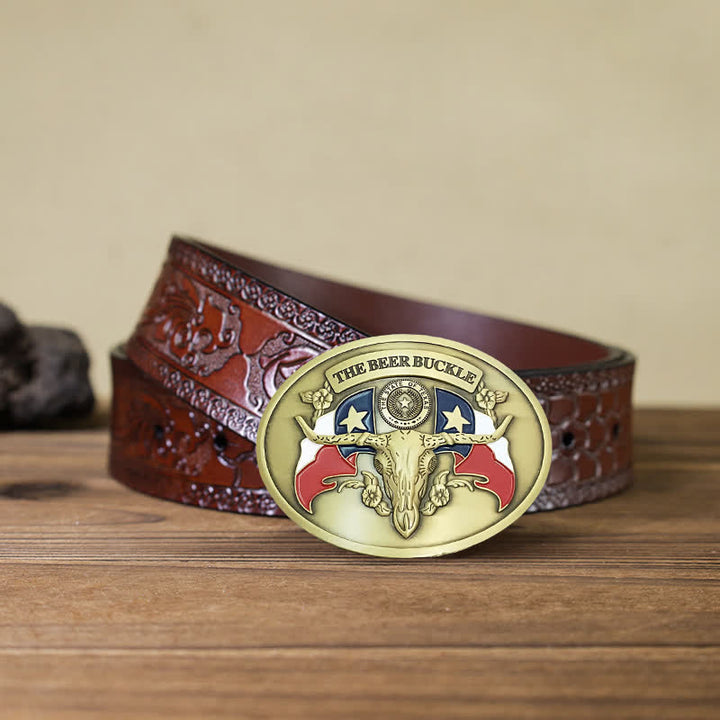 Men's DIY Wild West Bull Creative Beer Holder Buckle Leather Belt - Antique Bronze - Brown Carved Belt - 42 - image 18