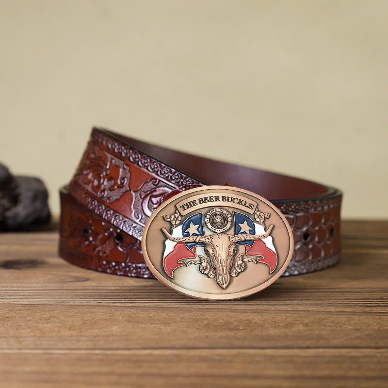 Men's DIY Wild West Bull Creative Beer Holder Buckle Leather Belt - Antique Copper - Brown Carved Belt - 42 - image 24
