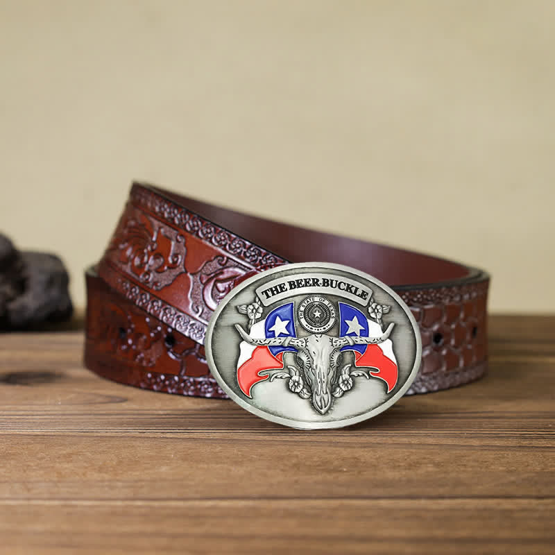 Men's DIY Wild West Bull Creative Beer Holder Buckle Leather Belt - Antique Silver - Brown Carved Belt - 42 - image 12