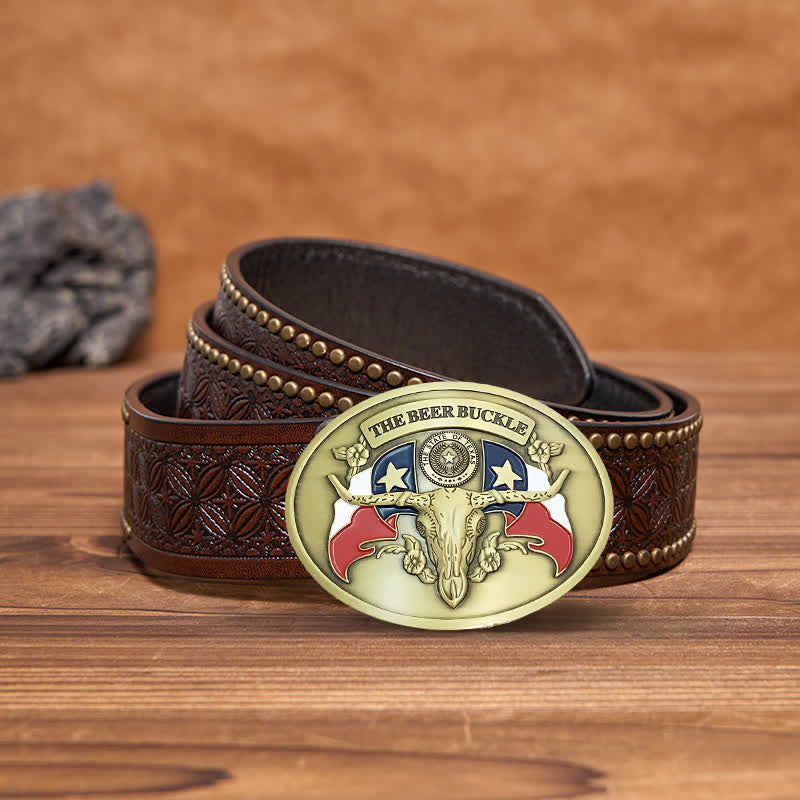 Men's DIY Wild West Bull Creative Beer Holder Buckle Leather Belt - Antique Bronze - Brown Rivet Belt - 42 - image 16