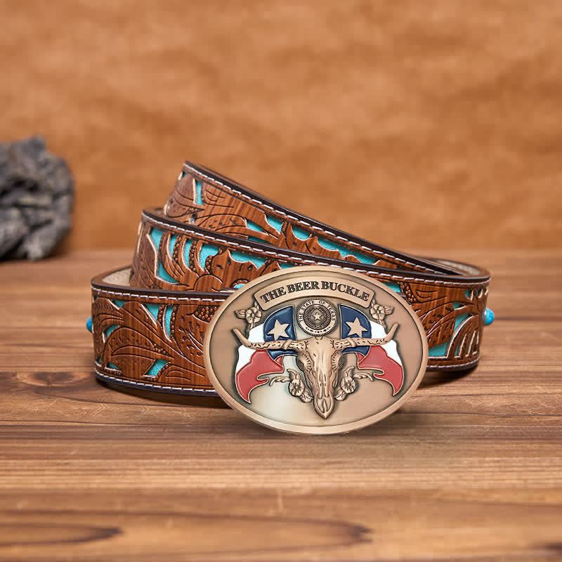 Men's DIY Wild West Bull Creative Beer Holder Buckle Leather Belt - Antique Copper - Turquoise Carved Belt - 42 - image 21
