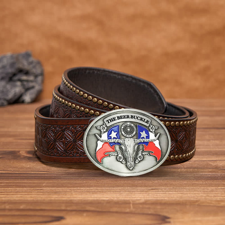 Men's DIY Wild West Bull Creative Beer Holder Buckle Leather Belt - Antique Silver - Brown Rivet Belt - 42 - image 10