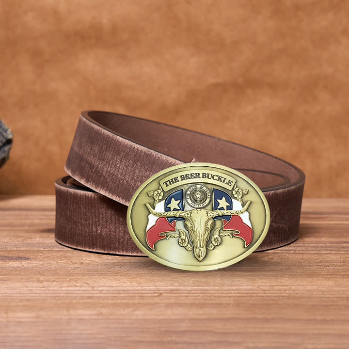 Men's DIY Wild West Bull Creative Beer Holder Buckle Leather Belt - Antique Bronze - Brown Distressed Belt - 42 - image 17