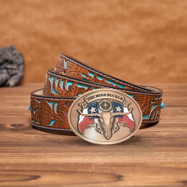 Men's DIY Wild West Bull Creative Beer Holder Buckle Leather Belt - Antique Copper - Turquoise Carved Belt - 42 - image 21