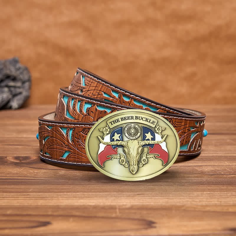 Men's DIY Wild West Bull Creative Beer Holder Buckle Leather Belt - Antique Bronze - Turquoise Carved Belt - 42 - image 15