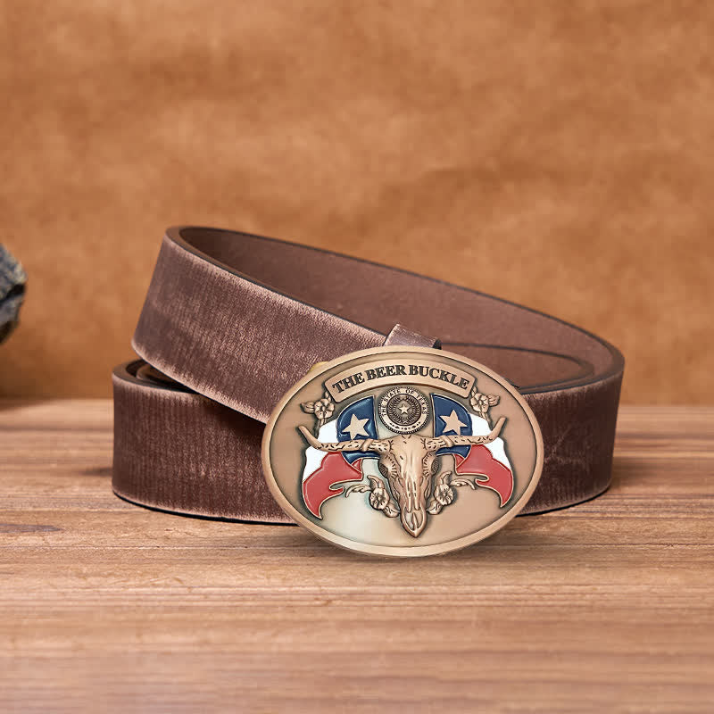 Men's DIY Wild West Bull Creative Beer Holder Buckle Leather Belt - Antique Copper - Brown Distressed Belt - 42 - image 23