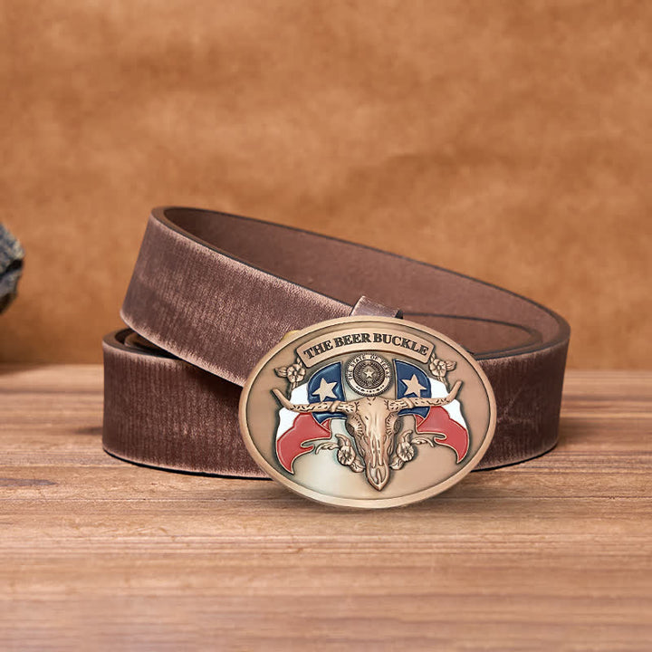 Men's DIY Wild West Bull Creative Beer Holder Buckle Leather Belt - Antique Copper - Brown Distressed Belt - 42 - image 23