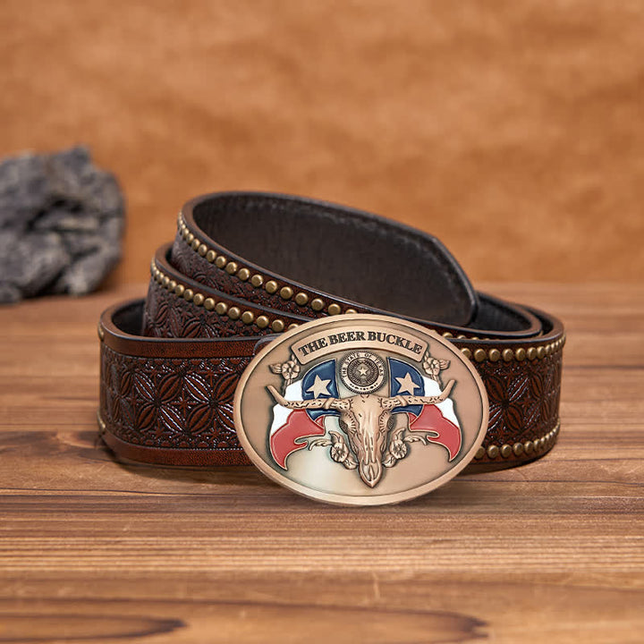 Men's DIY Wild West Bull Creative Beer Holder Buckle Leather Belt - Antique Copper - Brown Rivet Belt - 42 - image 22