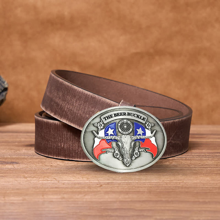 Men's DIY Wild West Bull Creative Beer Holder Buckle Leather Belt - Antique Silver - Brown Distressed Belt - 42 - image 11
