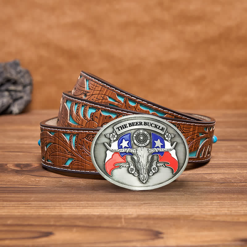 Men's DIY Wild West Bull Creative Beer Holder Buckle Leather Belt - Antique Silver - Turquoise Carved Belt - 42 - image 9