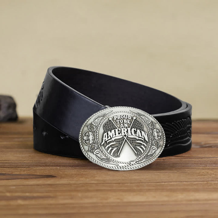 Men's DIY Dual American Flags Creative Beer Holder Buckle Leather Belt - Antique Silver - Black Embossed Eagle Belt - 42 - image 8