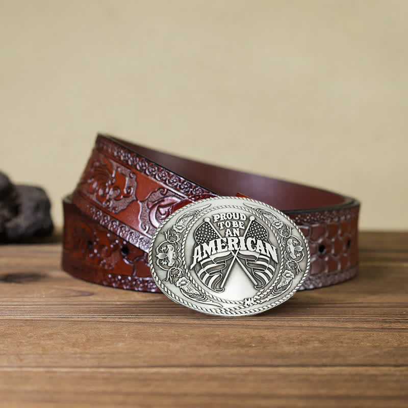 Men's DIY Dual American Flags Creative Beer Holder Buckle Leather Belt - Antique Silver - Brown Carved Belt - 42 - image 12