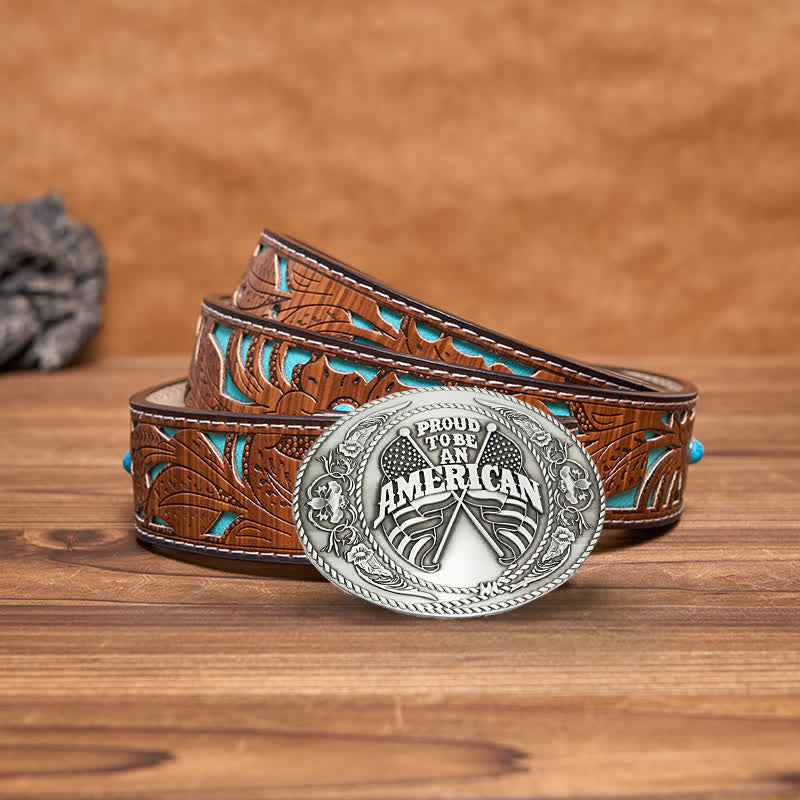 Men's DIY Dual American Flags Creative Beer Holder Buckle Leather Belt - Antique Silver - Turquoise Carved Belt - 42 - image 9
