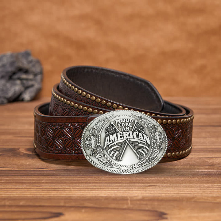 Men's DIY Dual American Flags Creative Beer Holder Buckle Leather Belt - Antique Silver - Brown Rivet Belt - 42 - image 10