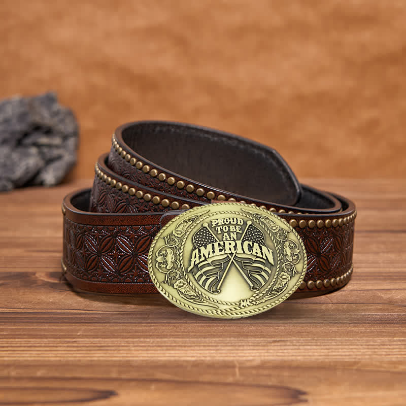 Men's DIY Dual American Flags Creative Beer Holder Buckle Leather Belt - Antique Bronze - Brown Rivet Belt - 42 - image 16