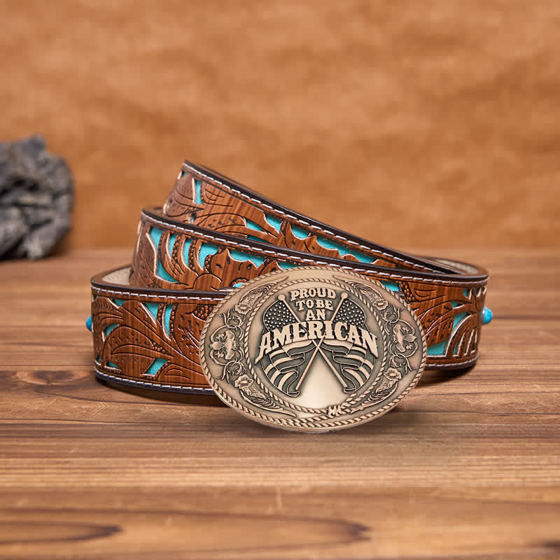 Men's DIY Dual American Flags Creative Beer Holder Buckle Leather Belt - Antique Copper - Turquoise Carved Belt - 42 - image 21
