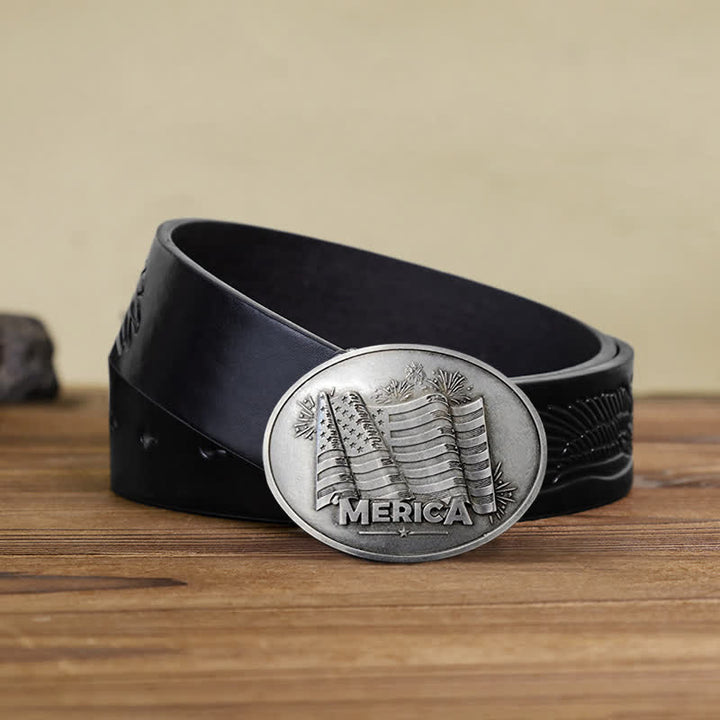 Men's DIY Merica Pride Flag Creative Beer Holder Buckle Leather Belt - Antique Silver - Black Embossed Eagle Belt - 42 - image 8