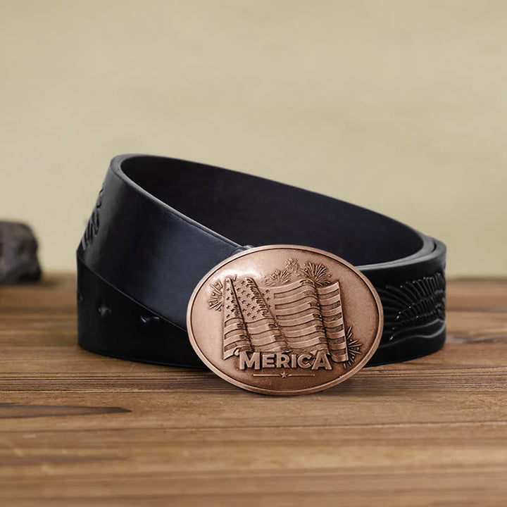 Men's DIY Merica Pride Flag Creative Beer Holder Buckle Leather Belt - Antique Copper - Black Embossed Eagle Belt - 42 - image 20