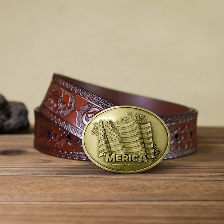 Men's DIY Merica Pride Flag Creative Beer Holder Buckle Leather Belt - Antique Bronze - Brown Carved Belt - 42 - image 18