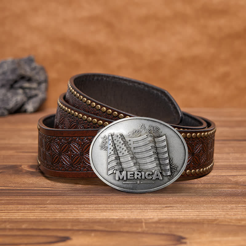 Men's DIY Merica Pride Flag Creative Beer Holder Buckle Leather Belt - Antique Silver - Brown Rivet Belt - 42 - image 10