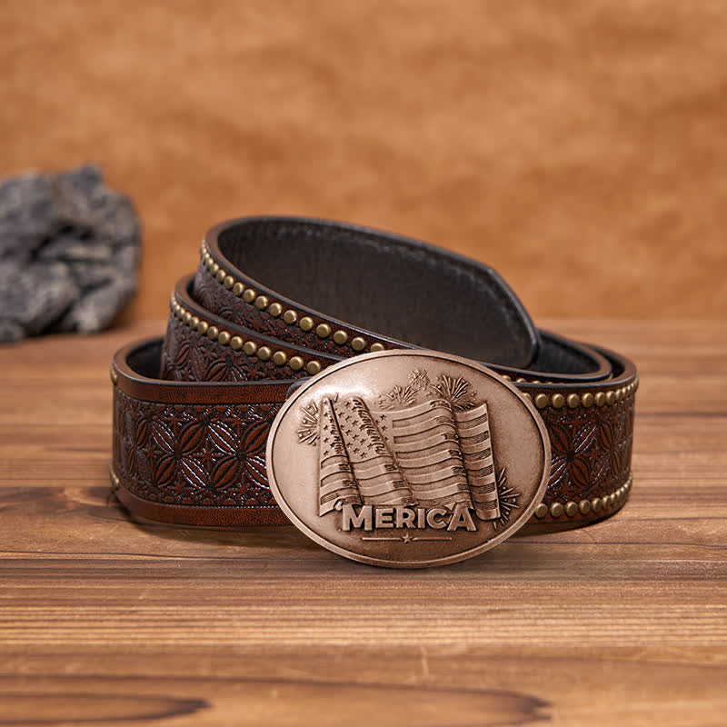 Men's DIY Merica Pride Flag Creative Beer Holder Buckle Leather Belt - Antique Copper - Brown Rivet Belt - 42 - image 22