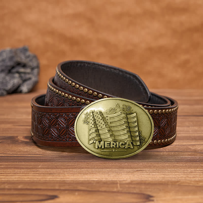 Men's DIY Merica Pride Flag Creative Beer Holder Buckle Leather Belt - Antique Bronze - Brown Rivet Belt - 42 - image 16