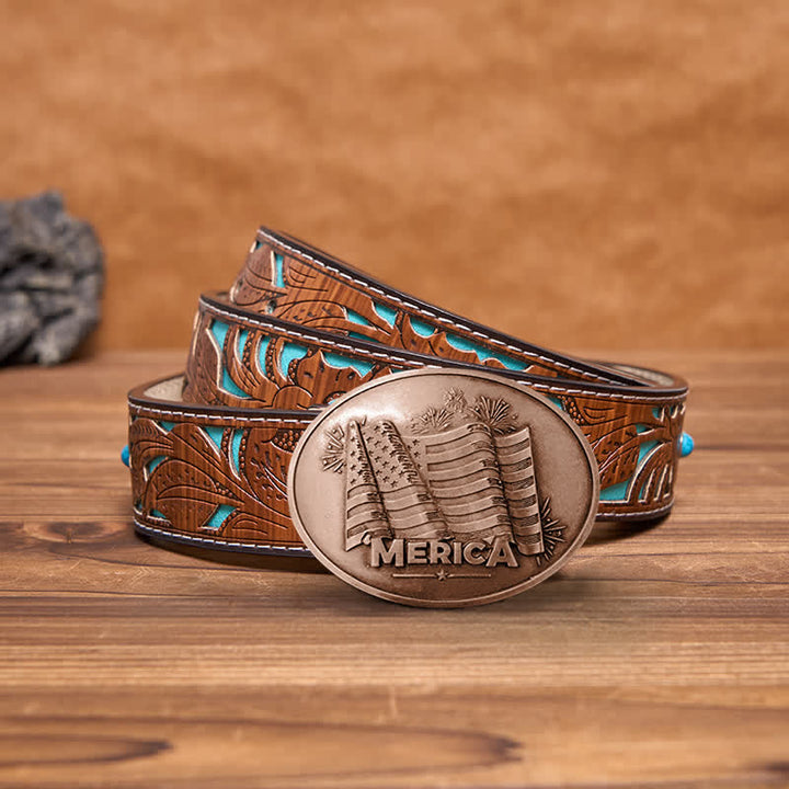 Men's DIY Merica Pride Flag Creative Beer Holder Buckle Leather Belt - Antique Copper - Turquoise Carved Belt - 42 - image 21