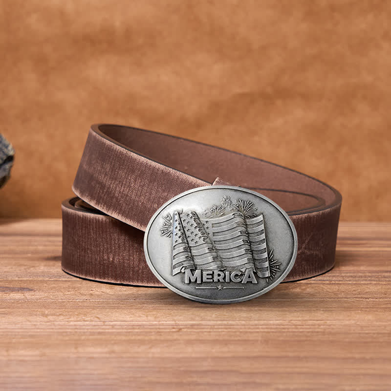 Men's DIY Merica Pride Flag Creative Beer Holder Buckle Leather Belt - Antique Silver - Brown Distressed Belt - 42 - image 11