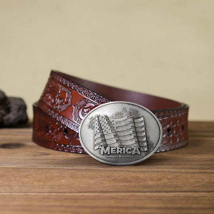 Men's DIY Merica Pride Flag Creative Beer Holder Buckle Leather Belt - Antique Silver - Brown Carved Belt - 42 - image 12
