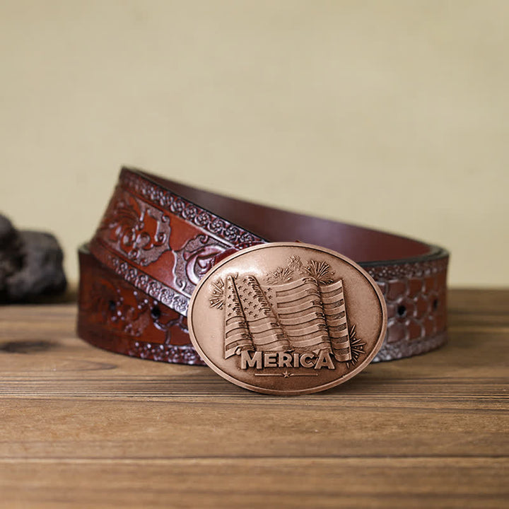Men's DIY Merica Pride Flag Creative Beer Holder Buckle Leather Belt - Antique Copper - Brown Carved Belt - 42 - image 24