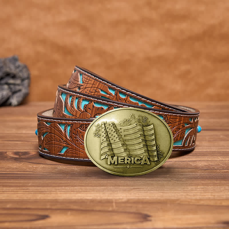 Men's DIY Merica Pride Flag Creative Beer Holder Buckle Leather Belt - Antique Bronze - Turquoise Carved Belt - 42 - image 15