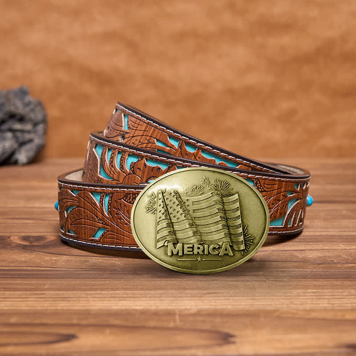 Men's DIY Merica Pride Flag Creative Beer Holder Buckle Leather Belt - Antique Bronze - Turquoise Carved Belt - 42 - image 15
