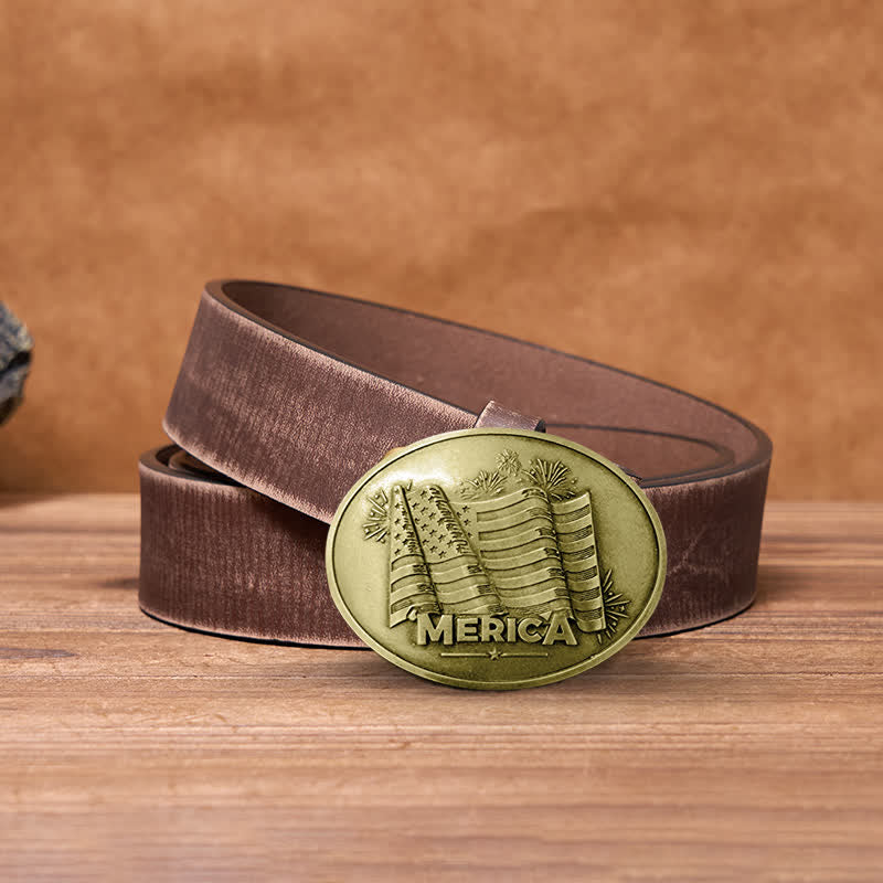 Men's DIY Merica Pride Flag Creative Beer Holder Buckle Leather Belt - Antique Bronze - Brown Distressed Belt - 42 - image 17